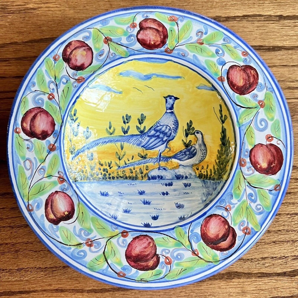 Artistica Italian Hand Decorative Wall Art Plate Pheasant Blue Yellow Rustic